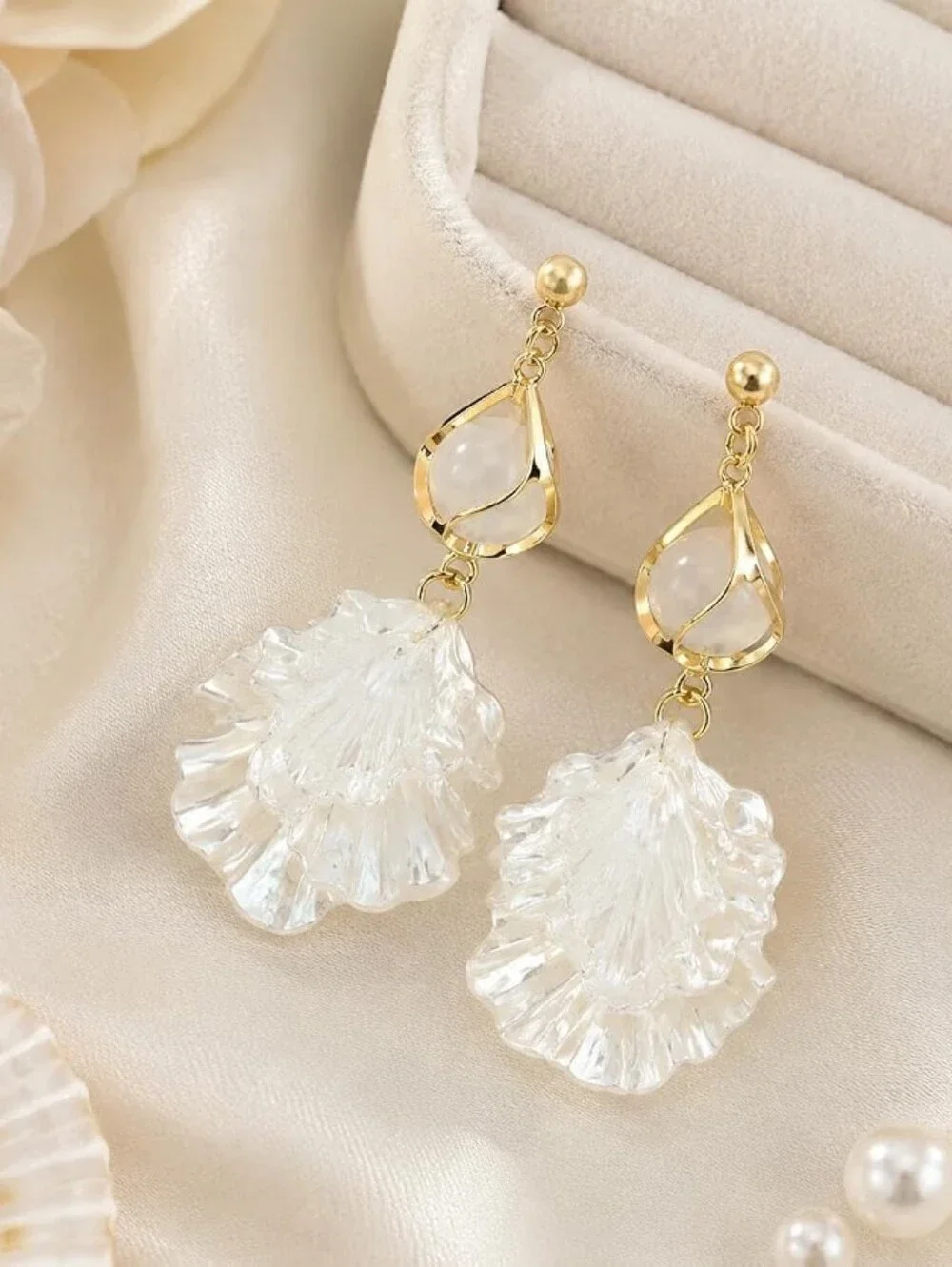 White Shell Petal Drop Earrings Dangle Floral